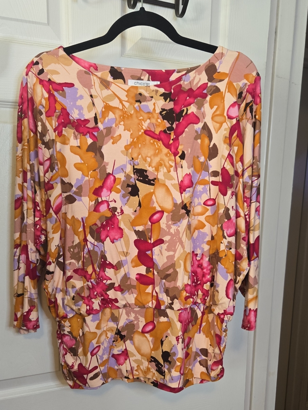Chico's Pink, Gold & Lavender Floral Blouson Sleeve Top